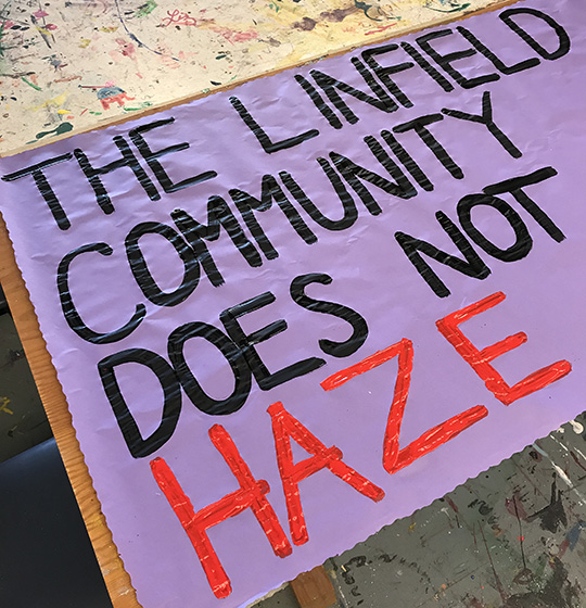 Anti-hazing pledge banner at Linfield