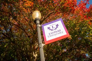 Linfield University banner on campus