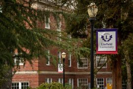 Linfield University banner on campus