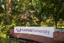 Linfield University entrance monument
