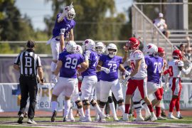 The Linfield University Wildcats celebrate a touchdown earlier in the 2021 season. 