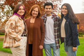 Linfield University's Domaine Serene scholars Emma Libby, Adrian Garcia and Laura (Citlalli) Cruz Reyes with Grace Evanstad, owner of Domaine Serene Winery. 