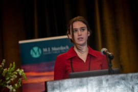 Elise Bedford presents her research findings at the annual Murdock College Science Research Conference.