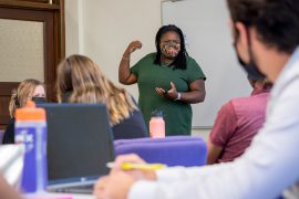 Dr. Jennifer Madden, dean of the Linfield University school of business, teaching in a classroom on the McMinnville campus. 