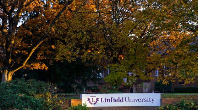 Linfield University entrance monument