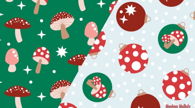 Megan Mullaly's winning wrapping paper design featuring mushrooms on one side and mushroom-themed ornaments on the other