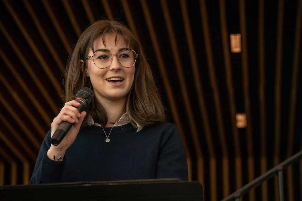 Student Natalie Wise speaks at the ribbon-cutting ceremony.
