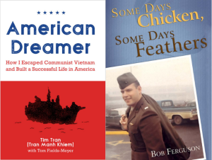 Composite shot of two book covers — Tim Tran's "American Dreamer" and Bob Ferguson's "Some Days, Chicken, Some Days, Feathers."