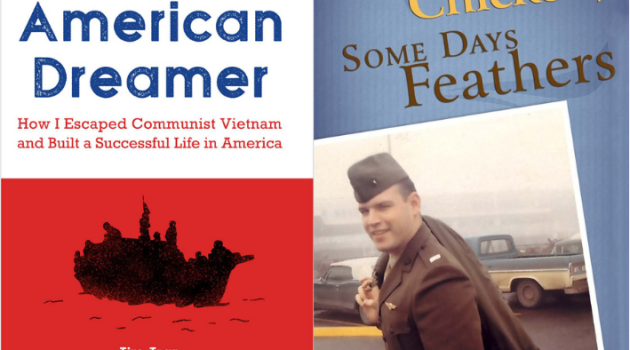 Composite shot of two book covers — Tim Tran's "American Dreamer" and Bob Ferguson's "Some Days, Chicken, Some Days, Feathers."