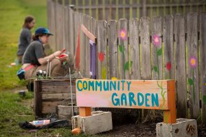student paint fence around McMinnville community garden