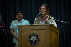 A student speaks at a Linfield podium