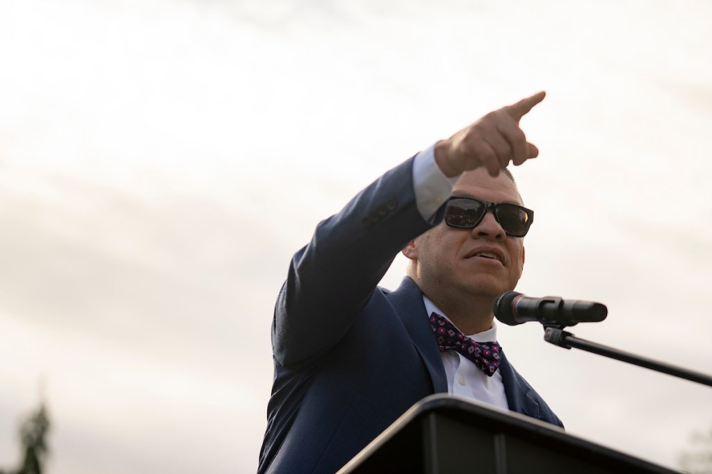 Gerardo Ochoa addresses the crowd during the Linfield University Latine Dinner.