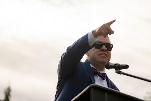 Gerardo Ochoa addresses the crowd during the Linfield University Latine Dinner.