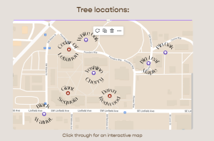 A screenshot of the Linfield University Majestic Tree Week website with a map of tree locations.