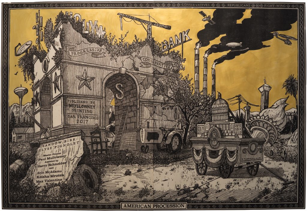 A woodcarved engraving of a tank rolling through a destroyed monument