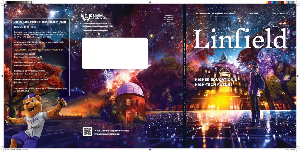 Linfield Magazine AI-generated fall 2023 cover. Front page design showcases a female student wearing an Oculus headset with graphic representations of campus on it. 