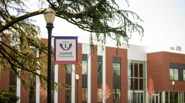 Linfield University banner in front of Keck Science Center