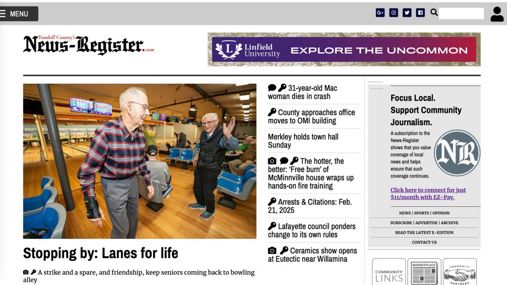Screenshot of the News-Register home page. www.newsregister.com.
