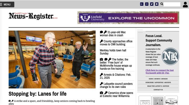 Screenshot of the News-Register home page. www.newsregister.com.