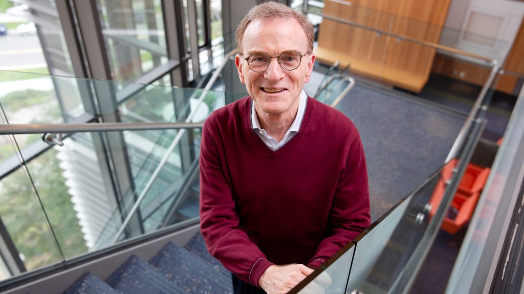 Randy Schekman poses on stairwell