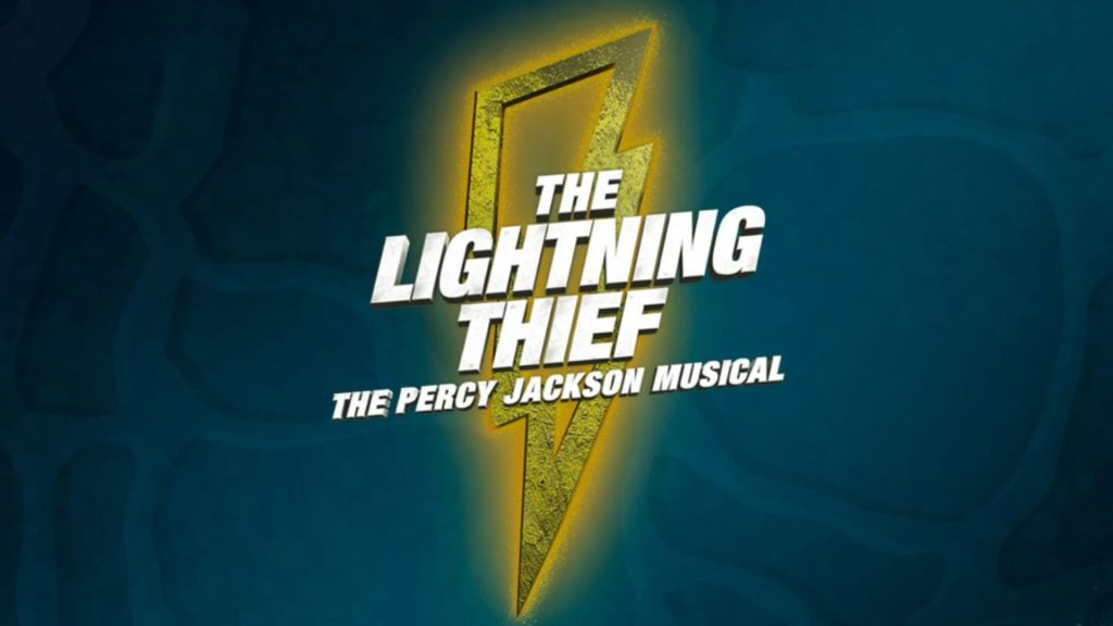 Lightning bolt on a blue background. Text: The Lightning Thief: The Percy Jackson Musical.