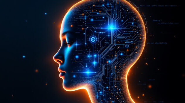 Graphic of a human-looking head filled with neurons and computer connections