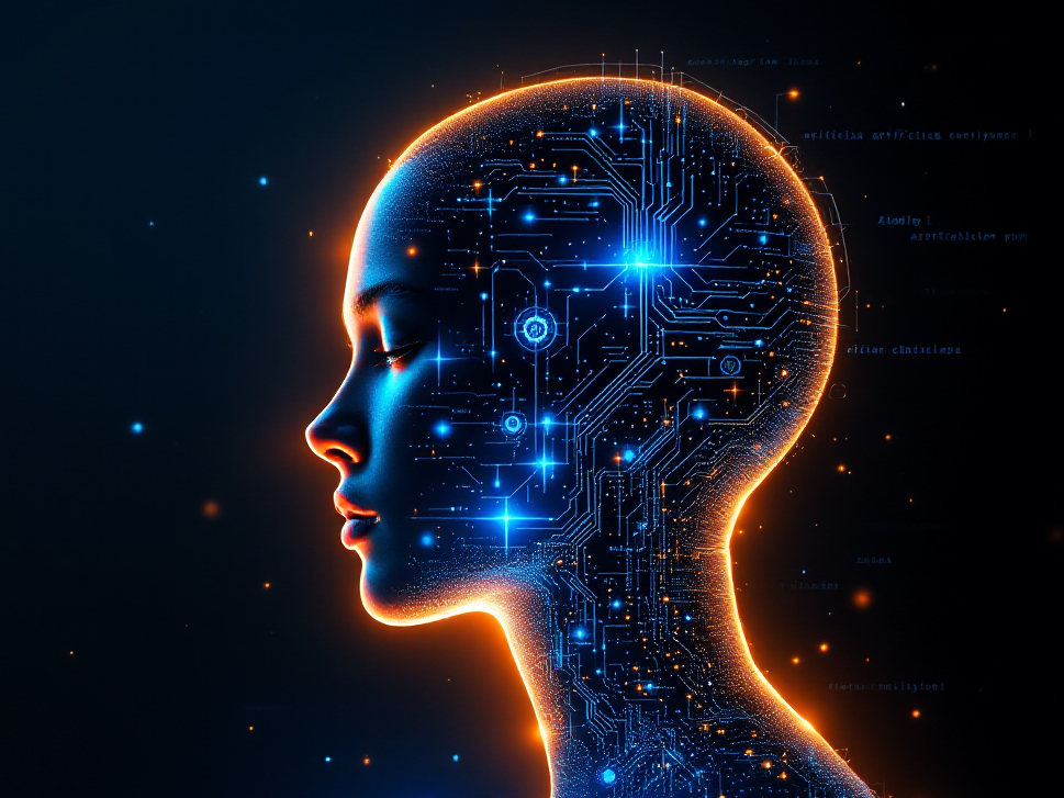 Graphic of a human-looking head filled with neurons and computer connections