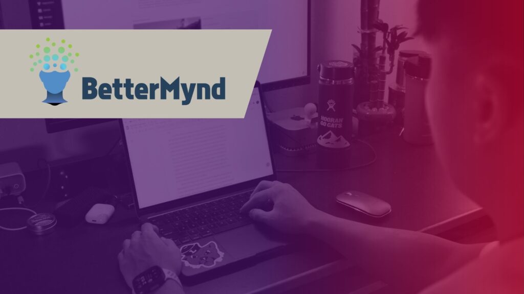 Student on a laptop in the background with purple to red gradient on top. BetterMynd logo in foreground.