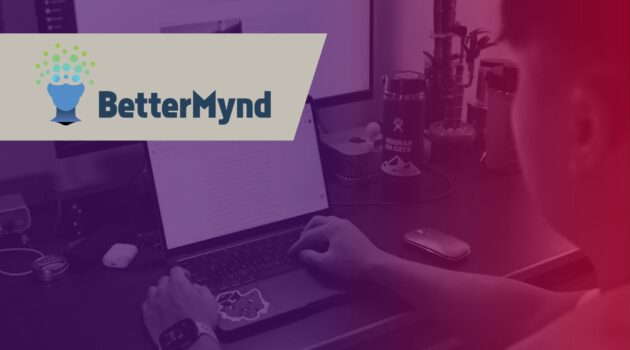Student on a laptop in the background with purple to red gradient on top. BetterMynd logo in foreground.