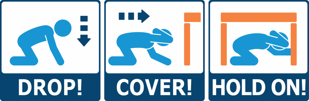 Text: Drop! Cover! Hold On! With graphics showing the actions.