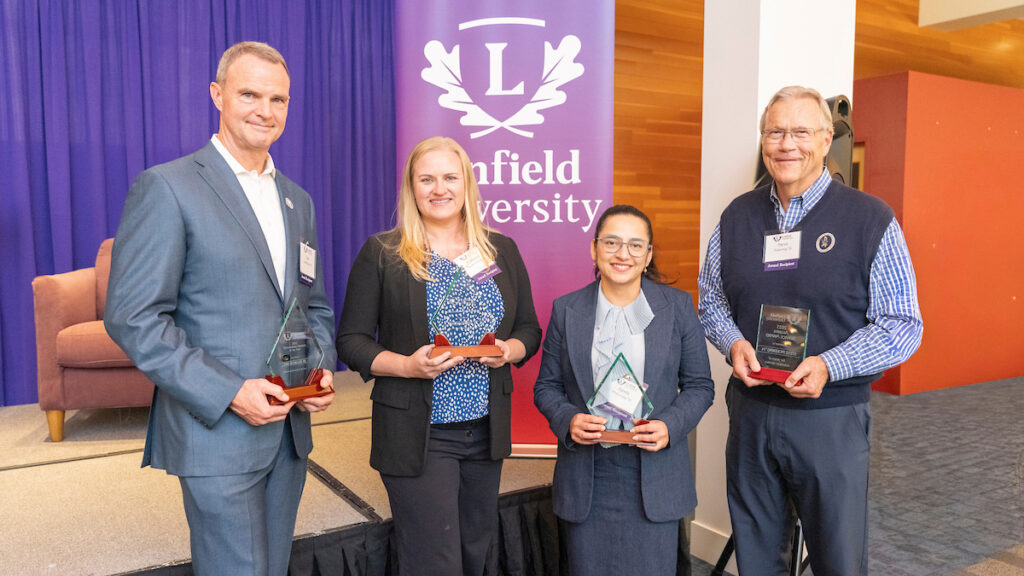 2025 alumni award recipients (left to right): Dan McMillan ’88, Makayla Cordoza ’08, Ajeeta Khatiwada ’10 and Steve Pickering ’74.