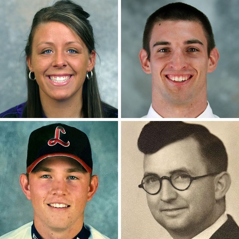 Grid of portraits - starting top left, clockwise: Amanda (Attleberger) Strahm ’08, Aaron Boehme ’10, Kevin Schjei ’02 and Billy Maxwell ’24 