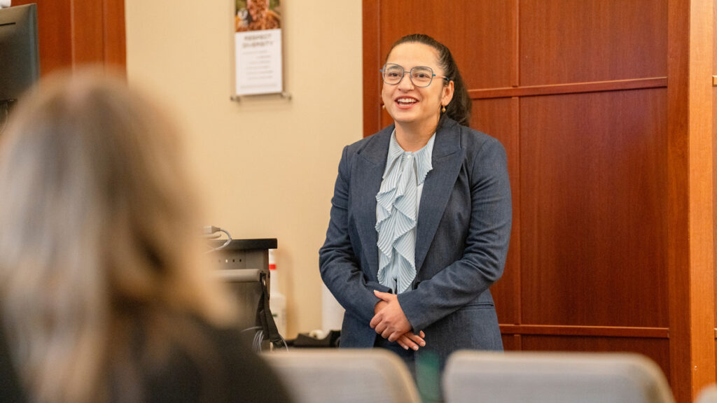 Ajeeta Khatiwada gives a speech in T.J. Day Hall.
