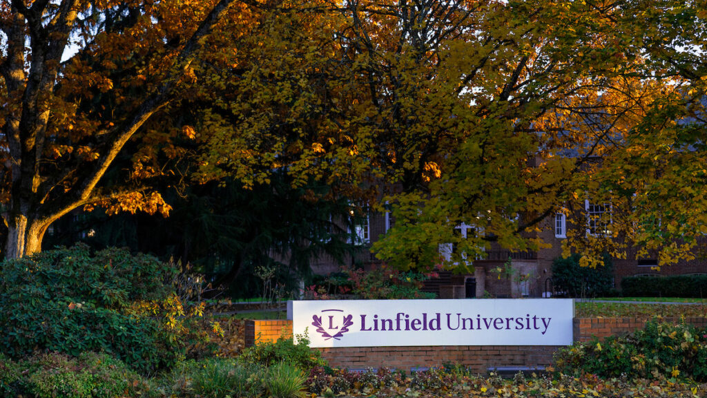 Entrance sign reading "Linfield University' on the McMinnville campus