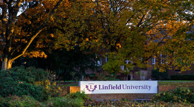 Entrance sign reading "Linfield University' on the McMinnville campus