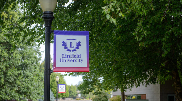 Lamp post banner with Linfield University logo on a tree-lined sidewalk