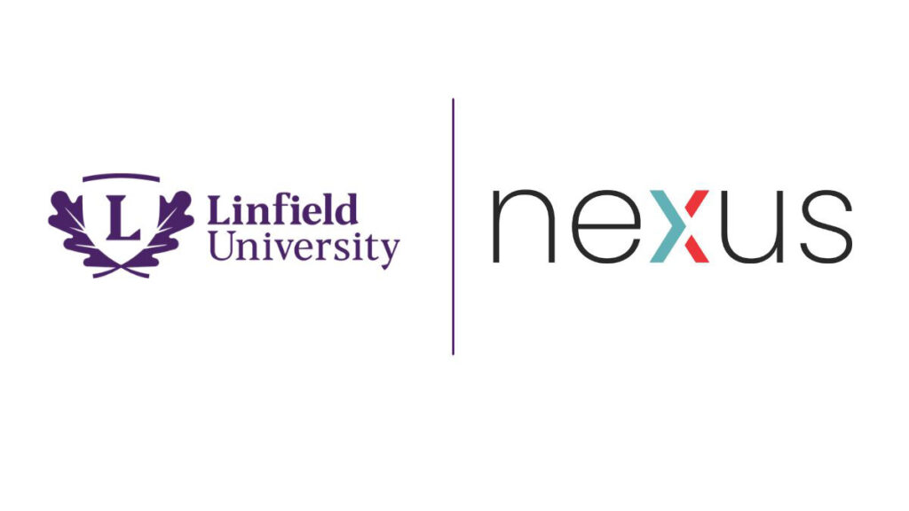 Linfield University logo, purple line and Nexus logo aligned horizontally