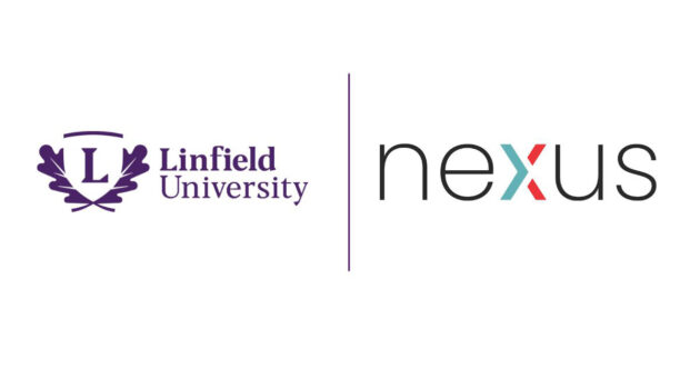 Linfield University logo, purple line and Nexus logo aligned horizontally