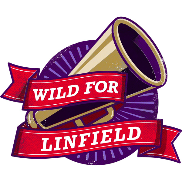 Wild for Linfield logo with text on a red banner with a gold megaphone in the background. All on top of a purple circle.