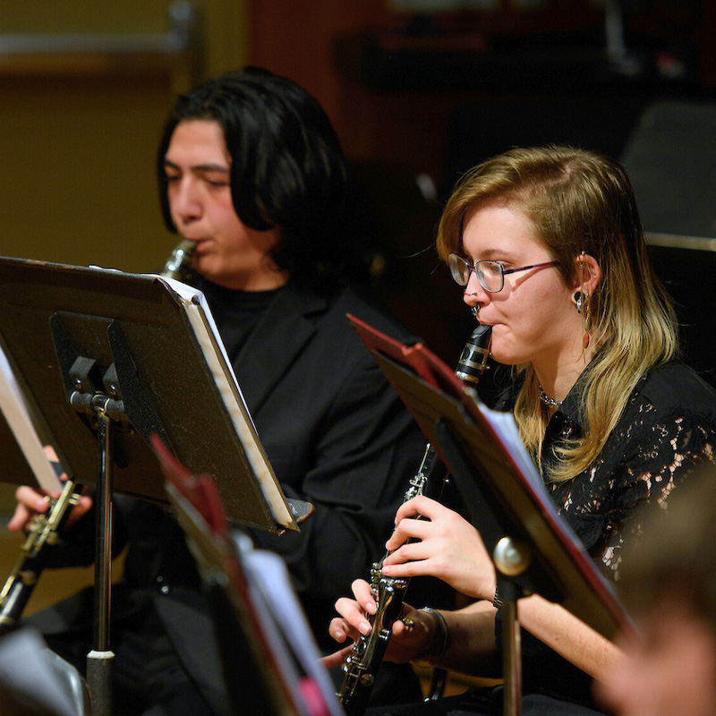 Two clarinet players perform a song behind music stands