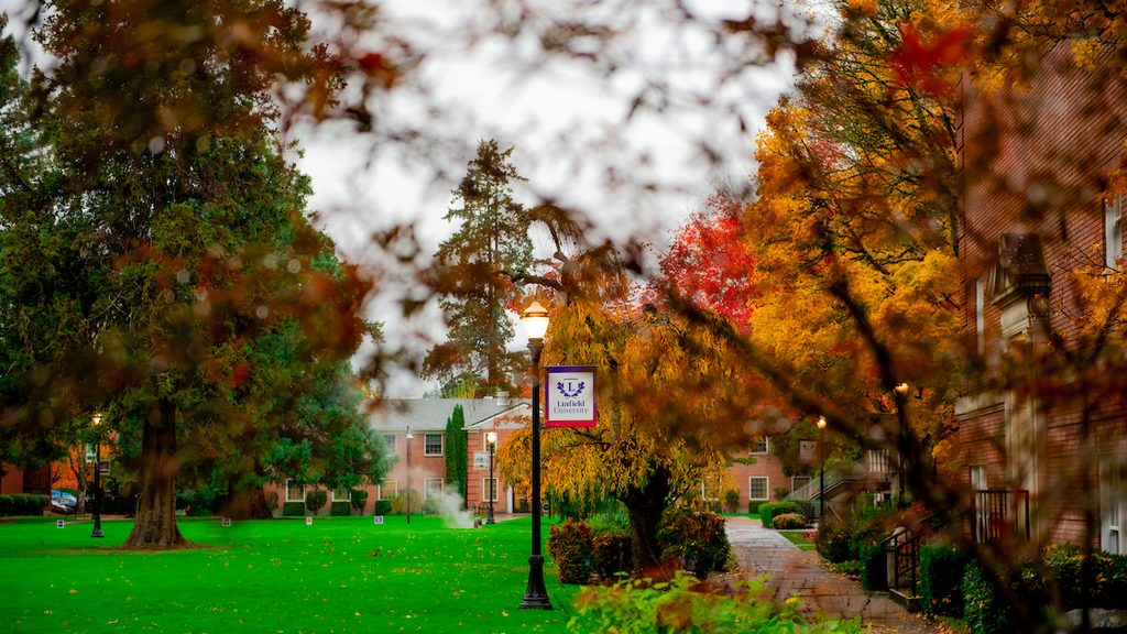 Linfield University McMinnville Campus with colorful leaves in the fall.